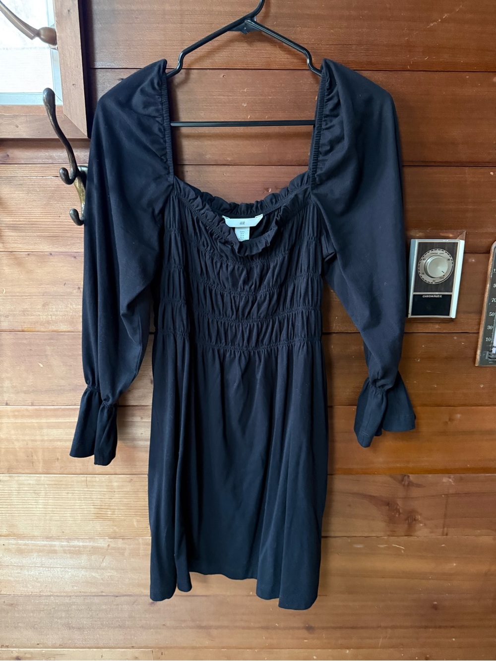 H&M Black Long-Sleeve Smocked Square-Neck Dress
